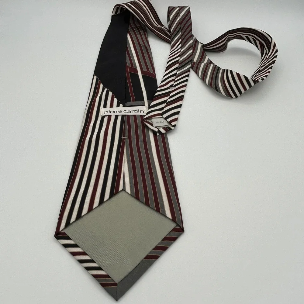 Pierre Cardin Necktie Mens OS Grey Burgundy Silk Geometric Abstract Art Deco 90s